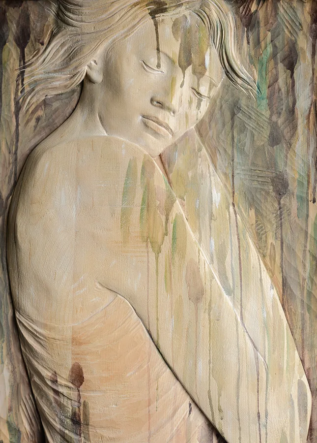 Dettaglio testa di donna, rilievo — Legno, policromato